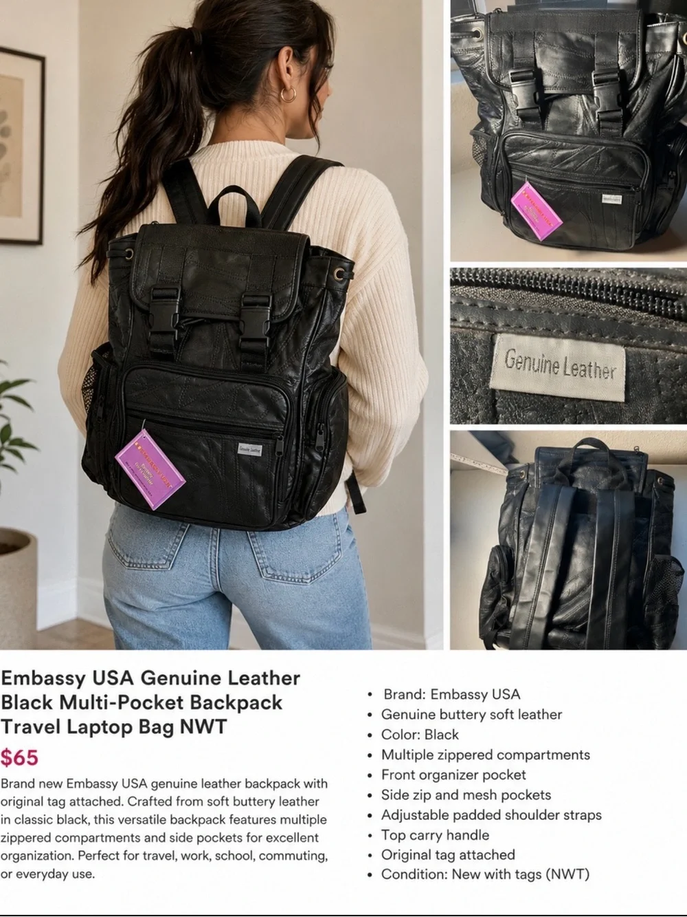 Embassy USA Genuine Leather Black Multi-Pocket Backpack Travel Laptop Bag NWT - Picture 1 of 10